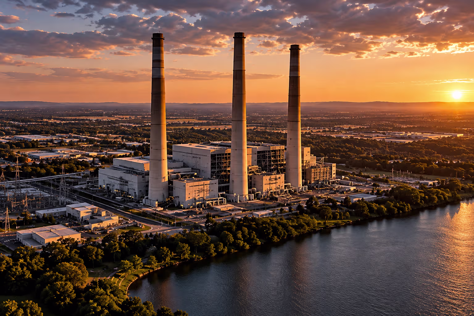 Aerial view of a power station and substation