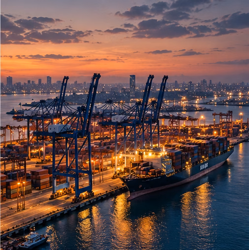 Aerial view of a commercial container port